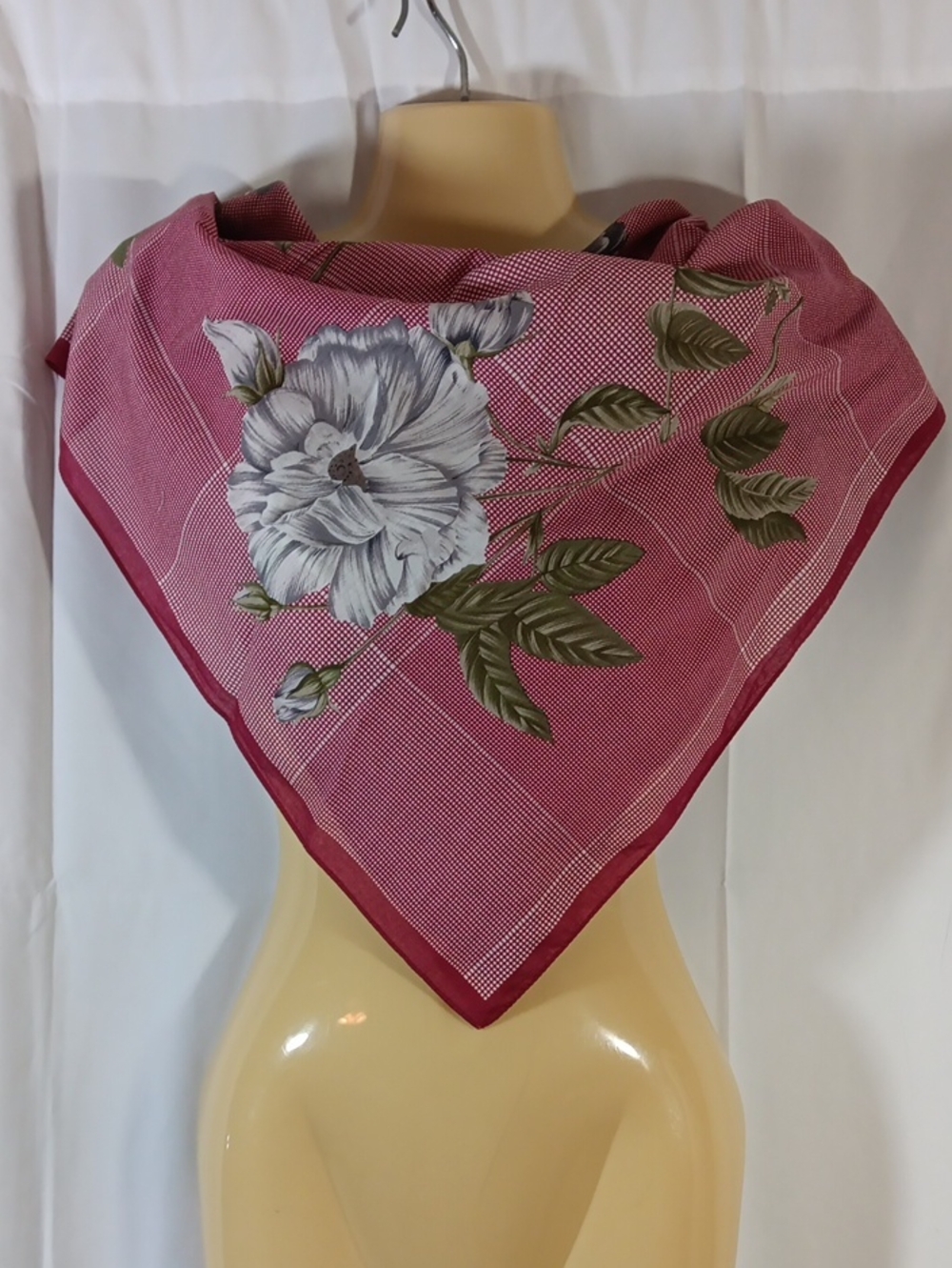 Vintage Perry Ellis Womens Scarf Gray Black Rose Print Burgundy Red Grid Square